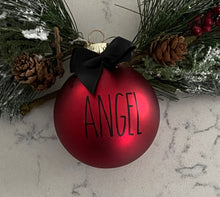 Load image into Gallery viewer, Rae Dunn Inspired Ornaments - Red Ornament with Black Letters and Black Bow