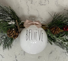 Load image into Gallery viewer, Rae Dunn Inspired Ornaments - White Ornament with Silver Letters and Beige Bow