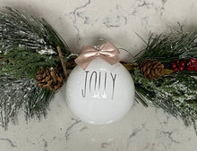 Load image into Gallery viewer, Rae Dunn Inspired Ornaments - White Ornament with Silver Letters and Beige Bow