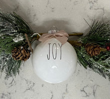 Load image into Gallery viewer, Rae Dunn Inspired Ornaments - White Ornament with Silver Letters and Beige Bow