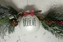 Load image into Gallery viewer, Rae Dunn Inspired Ornaments - White Ornament with Green Letters and Red Check Bow
