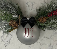 Load image into Gallery viewer, Rae Dunn Inspired Ornaments - Silver Ornament with Burgundy Letters and Black Bow
