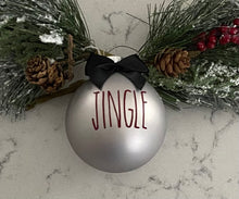 Load image into Gallery viewer, Rae Dunn Inspired Ornaments - Silver Ornament with Burgundy Letters and Black Bow