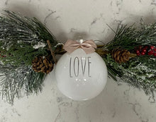 Load image into Gallery viewer, Rae Dunn Inspired Ornaments - White Ornament with Silver Letters and Beige Bow