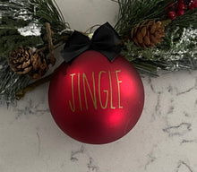Load image into Gallery viewer, Rae Dunn Inspired Ornaments - Red Ornament with Gold Letters and Black Bow