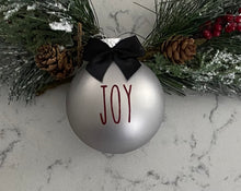 Load image into Gallery viewer, Rae Dunn Inspired Ornaments - Silver Ornament with Burgundy Letters and Black Bow