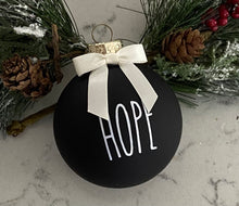 Load image into Gallery viewer, Rae Dunn Inspired Ornaments - Black Ornament with White Letters and White Bow
