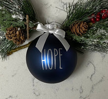 Load image into Gallery viewer, Rae Dunn Inspired Ornaments - Blue Ornament with Silver Letters and Silver Bow