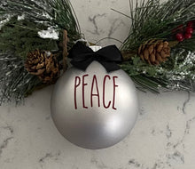 Load image into Gallery viewer, Rae Dunn Inspired Ornaments - Silver Ornament with Burgundy Letters and Black Bow