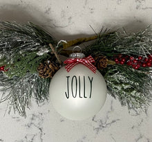 Load image into Gallery viewer, Rae Dunn Inspired Ornaments - White Ornament with Green Letters and Red Check Bow