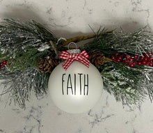 Load image into Gallery viewer, Rae Dunn Inspired Ornaments - White Ornament with Green Letters and Red Check Bow