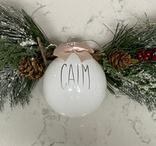 Load image into Gallery viewer, Rae Dunn Inspired Ornaments - White Ornament with Silver Letters and Beige Bow