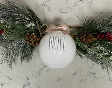 Load image into Gallery viewer, Rae Dunn Inspired Ornaments - White Ornament with Silver Letters and Beige Bow