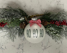 Load image into Gallery viewer, Rae Dunn Inspired Ornaments - White Ornament with Green Letters and Red Check Bow