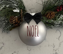 Load image into Gallery viewer, Rae Dunn Inspired Ornaments - Silver Ornament with Burgundy Letters and Black Bow
