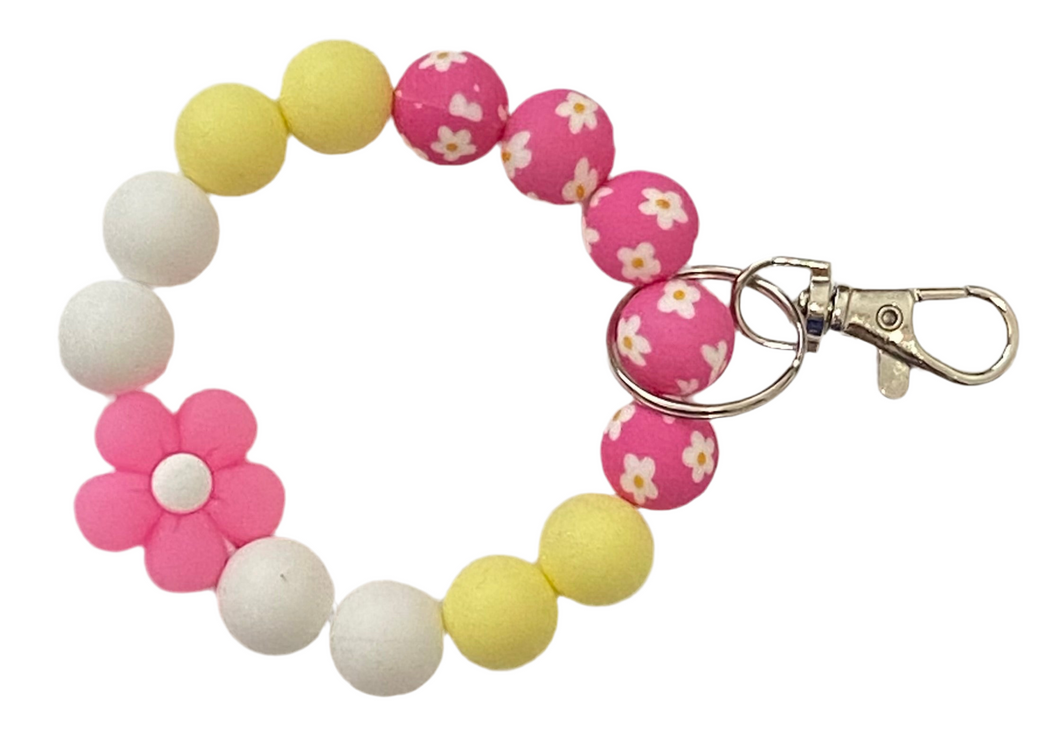 Pink Daisy Flower Beaded Wristlet/Keychain