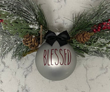 Load image into Gallery viewer, Rae Dunn Inspired Ornaments - Silver Ornament with Burgundy Letters and Black Bow
