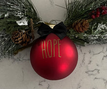 Load image into Gallery viewer, Rae Dunn Inspired Ornaments - Red Ornament with Gold Letters and Black Bow
