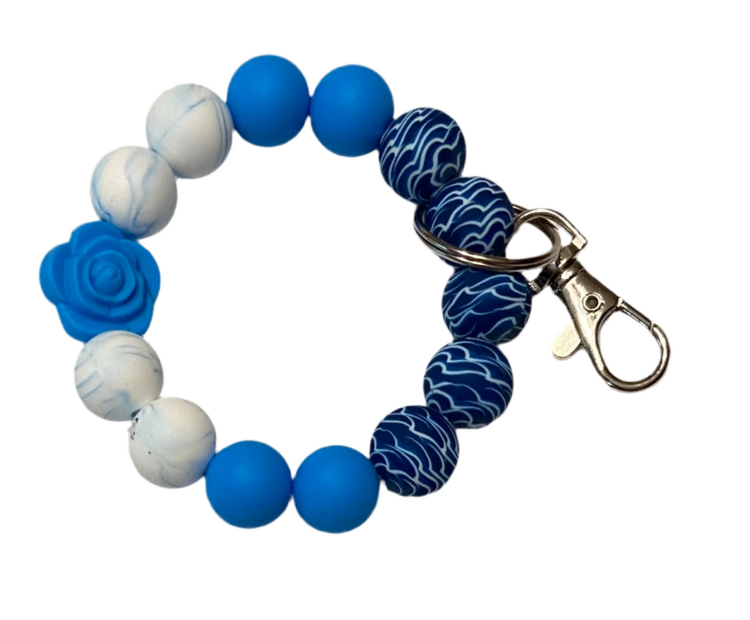 Blue Flower Beaded Wristlet/Keychain