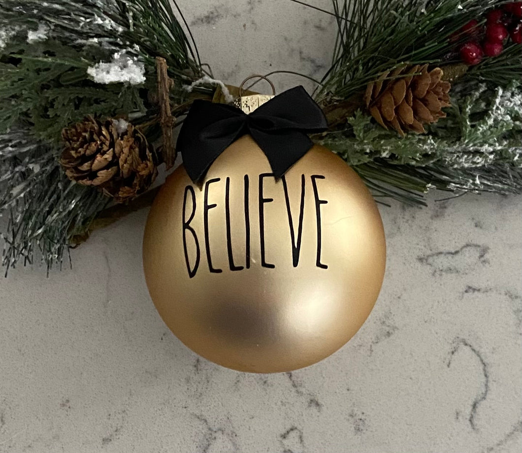 Rae Dunn Inspired Ornaments - Gold Ornament with Black Letters and Black Bow
