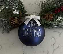 Load image into Gallery viewer, Rae Dunn Inspired Ornaments - Blue Ornament with Silver Letters and Silver Bow
