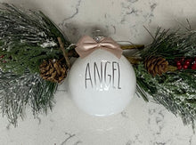 Load image into Gallery viewer, Rae Dunn Inspired Ornaments - White Ornament with Silver Letters and Beige Bow
