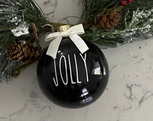 Load image into Gallery viewer, Rae Dunn Inspired Ornaments - Black Ornament with White Letters and White Bow
