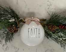 Load image into Gallery viewer, Rae Dunn Inspired Ornaments - White Ornament with Silver Letters and Beige Bow
