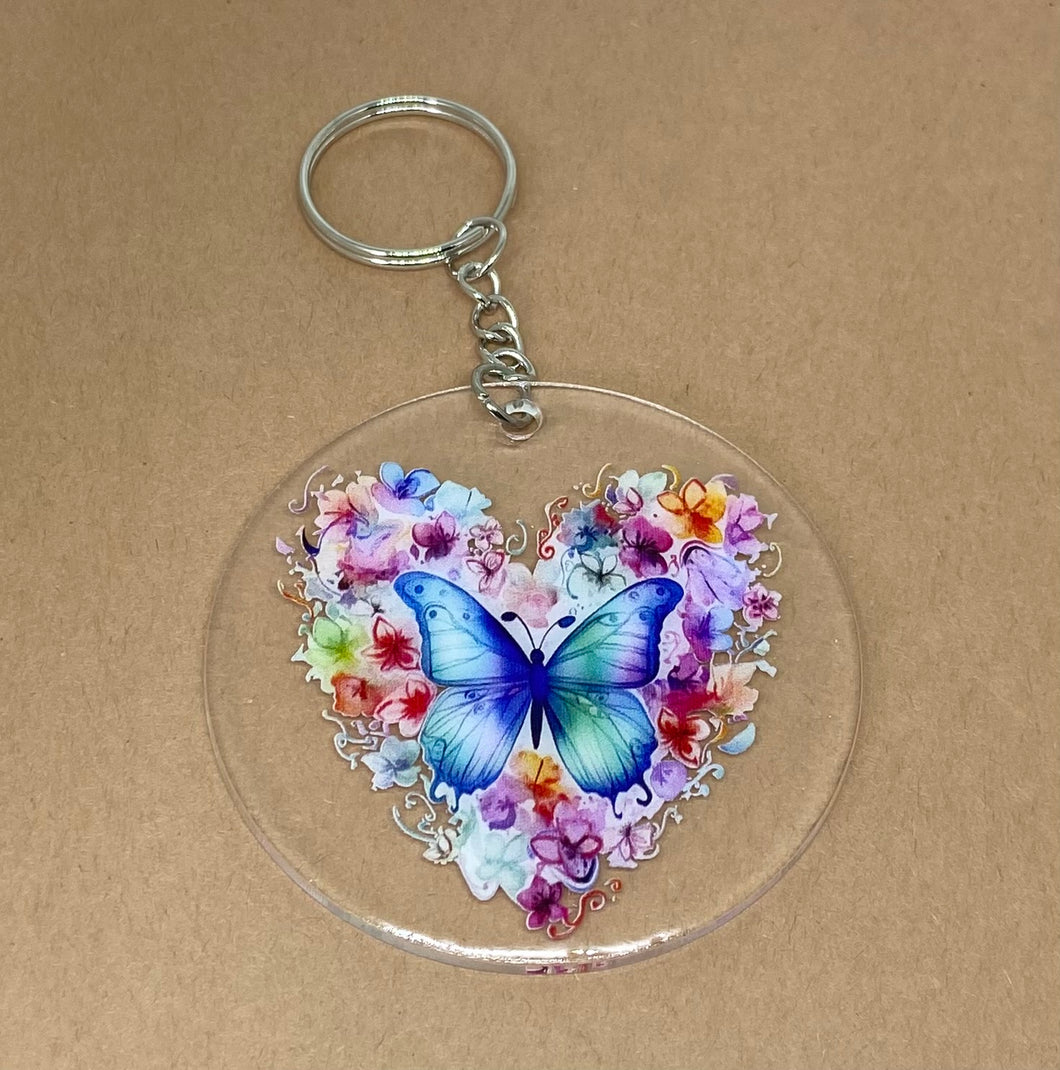 Butterfly Heart with Flowers Keychain