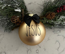 Load image into Gallery viewer, Rae Dunn Inspired Ornaments - Gold Ornament with Black Letters and Black Bow
