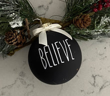 Load image into Gallery viewer, Rae Dunn Inspired Ornaments - Black Ornament with White Letters and White Bow
