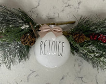 Load image into Gallery viewer, Rae Dunn Inspired Ornaments - White Ornament with Silver Letters and Beige Bow
