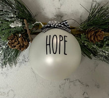 Load image into Gallery viewer, Rae Dunn Inspired Ornaments - White Ornament with Black Letters and Black Check Bow
