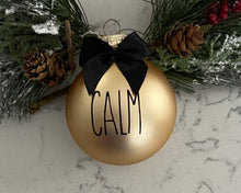 Load image into Gallery viewer, Rae Dunn Inspired Ornaments - Gold Ornament with Black Letters and Black Bow
