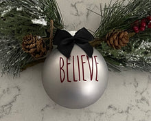 Load image into Gallery viewer, Rae Dunn Inspired Ornaments - Silver Ornament with Burgundy Letters and Black Bow
