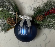 Load image into Gallery viewer, Rae Dunn Inspired Ornaments - Blue Ornament with Silver Letters and Silver Bow
