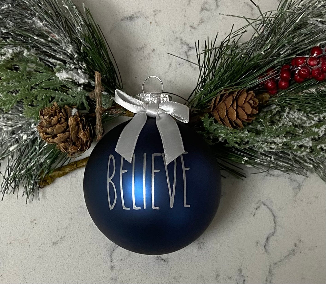Rae Dunn Inspired Ornaments - Blue Ornament with Silver Letters and Silver Bow