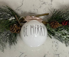 Load image into Gallery viewer, Rae Dunn Inspired Ornaments - White Ornament with Silver Letters and Beige Bow
