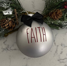 Load image into Gallery viewer, Rae Dunn Inspired Ornaments - Silver Ornament with Burgundy Letters and Black Bow
