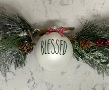 Load image into Gallery viewer, Rae Dunn Inspired Ornaments - White Ornament with Green Letters and Red Check Bow
