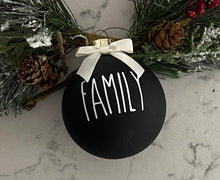 Load image into Gallery viewer, Rae Dunn Inspired Ornaments - Black Ornament with White Letters and White Bow
