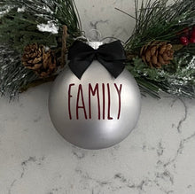 Load image into Gallery viewer, Rae Dunn Inspired Ornaments - Silver Ornament with Burgundy Letters and Black Bow

