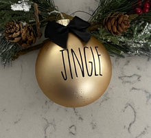 Load image into Gallery viewer, Rae Dunn Inspired Ornaments - Gold Ornament with Black Letters and Black Bow

