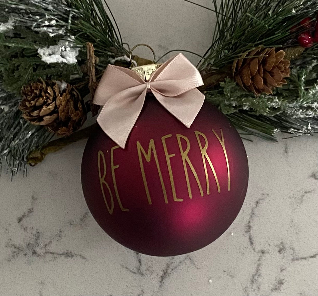 Rae Dunn Inspired Ornaments - Burgundy Ornament with Gold Letters and Beige Bow