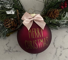 Load image into Gallery viewer, Rae Dunn Inspired Ornaments - Burgundy Ornament with Gold Letters and Beige Bow
