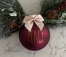 Load image into Gallery viewer, Rae Dunn Inspired Ornaments - Burgundy Ornament with Gold Letters and Beige Bow
