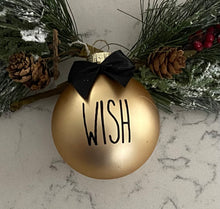 Load image into Gallery viewer, Rae Dunn Inspired Ornaments - Gold Ornament with Black Letters and Black Bow

