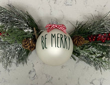 Load image into Gallery viewer, Rae Dunn Inspired Ornaments - White Ornament with Green Letters and Red Check Bow
