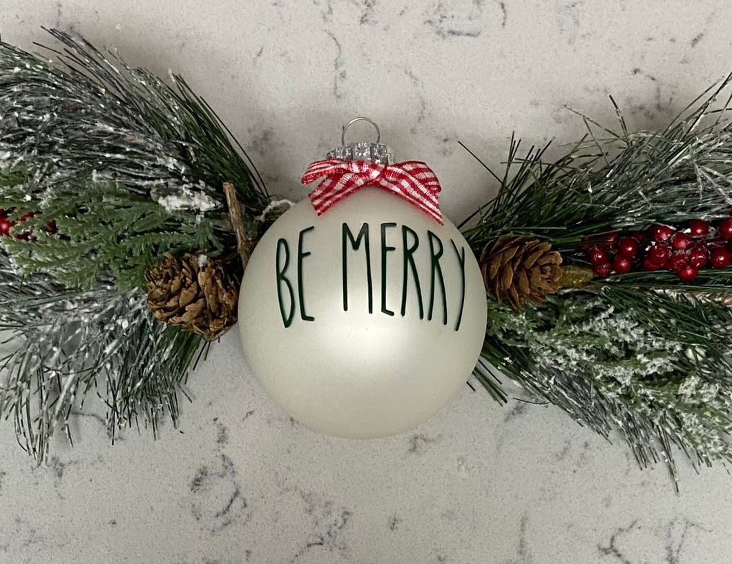 Rae Dunn Inspired Ornaments - White Ornament with Green Letters and Red Check Bow