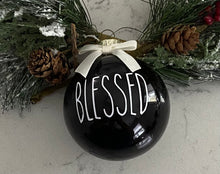 Load image into Gallery viewer, Rae Dunn Inspired Ornaments - Black Ornament with White Letters and White Bow
